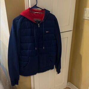 Tommy Hilfiger Navy Quilted Hoodie with Red Hood Lining